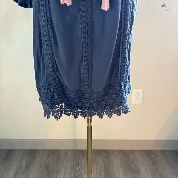 Knox Rose Navy Blue Boho Crochet Lace Tassel Tunic Peasant Dress Medium Festival - Picture 5 of 12
